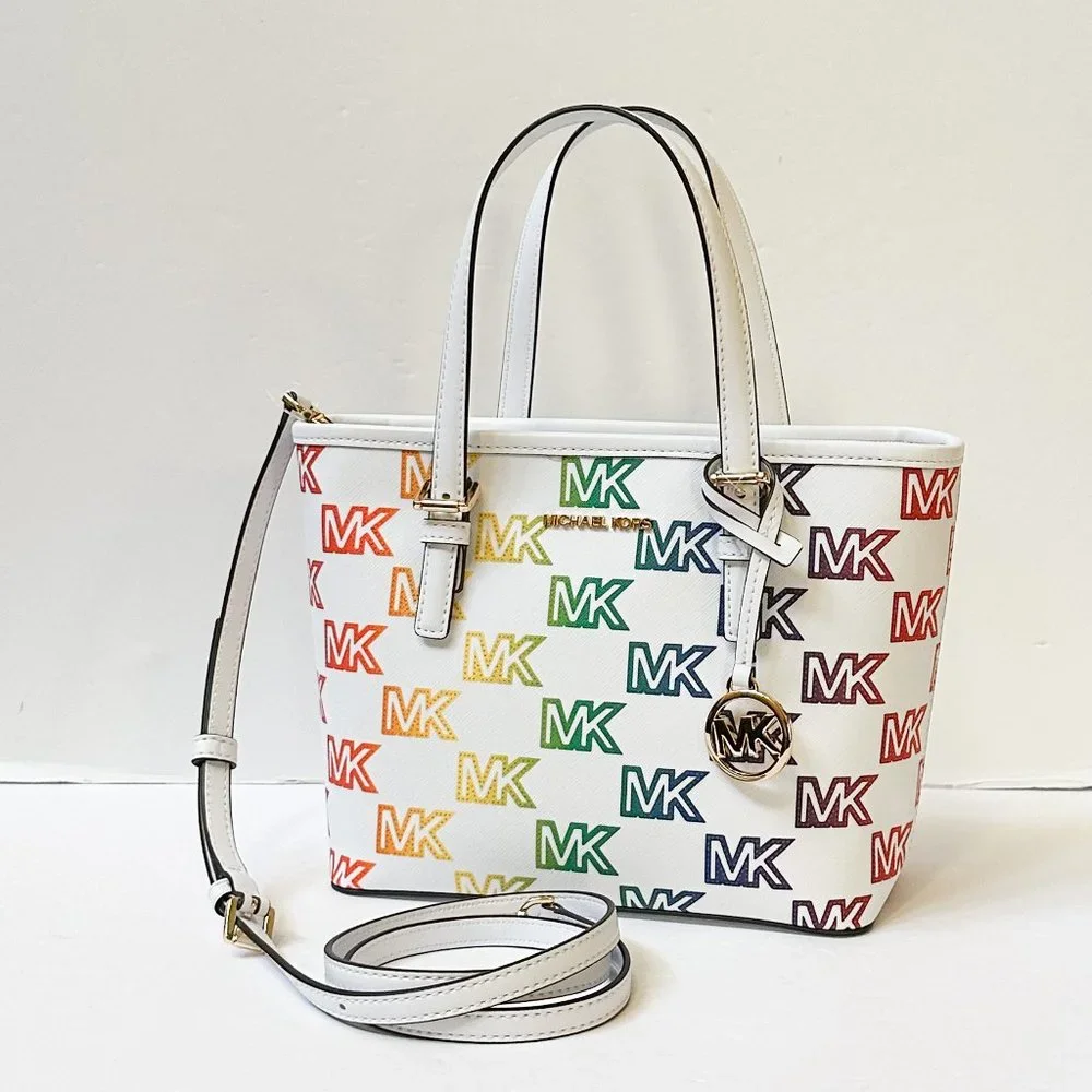 Michael Kors Jet Set XS Carryall Tote Satchel Shoulder Bag MK Rainbow White - Picture 4 of 13